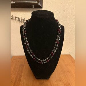 SILVER Tone Double Strand Necklace Gunmetal & Red Acrylic Beads 9” + Extender